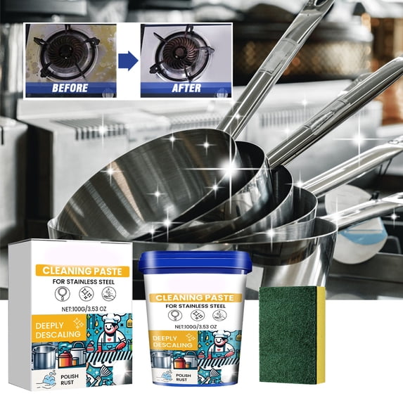 Stainless Steel Cleaning Paste, Duty Rust Remover Polish for Cookware Pots Pans Sinks, Deep Descaling Grease Stain Removal, Easy Wipe with Sponge, Ideal for Kitchen Metal Surfaces Daily Maintenance