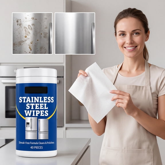 Stainless Steel Cleaning Wipes • Quick Oil Stain Removal • No Additional Agents • Non-Damaging • Fingerprint Resistant • Multipurpose Hard Surface Cleaner