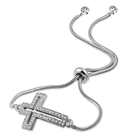 Stainless Steel Clear CZ Cross Adjustable Snake Chain Bracelet - Silver-Tone