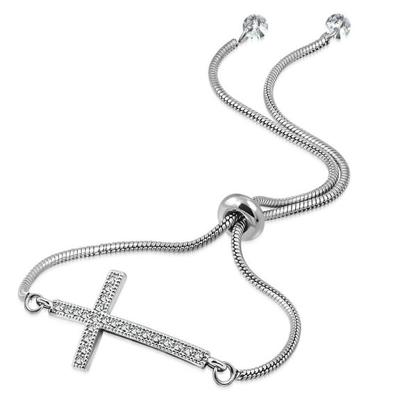 Stainless Steel Clear CZ Religious Cross Adjustable Snake Chain Bracelet - Silver-Tone