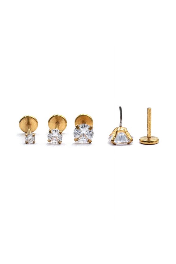 Stainless Steel Clear Cubic Zirconia Threadless Labret Stud Tragus Stud Flat Back Earring Golden 6mm Pin: 0.8mm Head: 3mm DIY