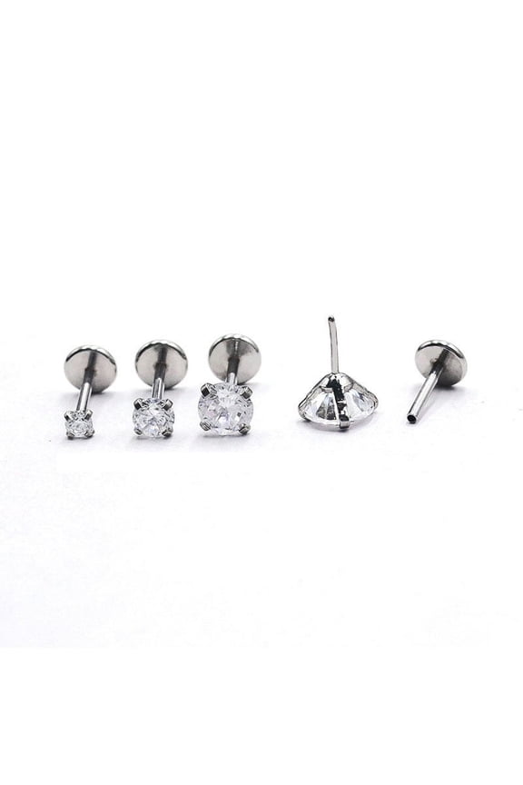 Stainless Steel Clear Cubic Zirconia Threadless Labret Stud Tragus Stud Flat Back Earring Stainless Steel Color 6mm Pin: 0.8mm Head: 4mm DIY