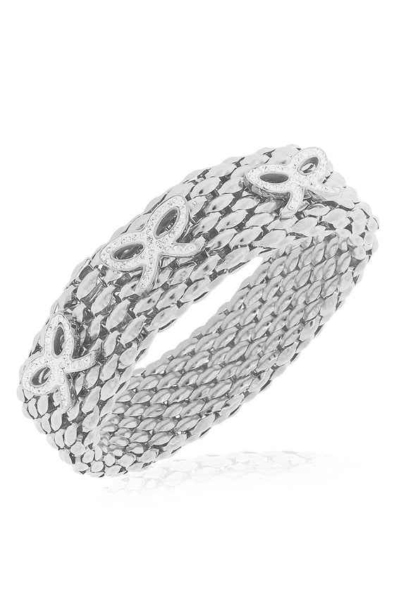 Stainless Steel Clear White CZ Mesh Stretch Bows Bracelet, 8"