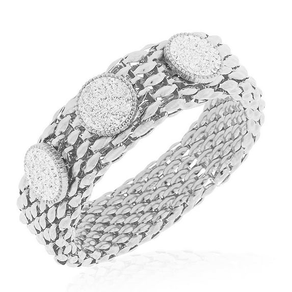 Stainless Steel Clear White CZ Mesh Stretch Circle Charm Bracelet, 8"