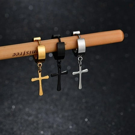 Stainless Steel Clip-On Earrings Dangle Hinged Piercing Cross Men'S Huggie E22