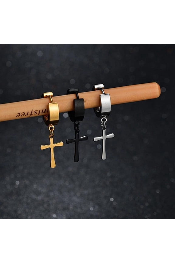 Stainless Steel Clip-On Earrings Dangle Hinged Piercing Cross Men'S Huggie E22