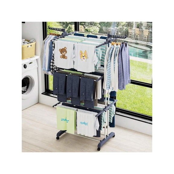 Stainless Steel Clothes Drying Rack, 4-Tier Oversized Foldable Laundry Drying Rack with 24 Poles and 14 Hooks, 67.7" High Movable Indoor Outdoor Clothesline Stand, 4 Castors, Grey