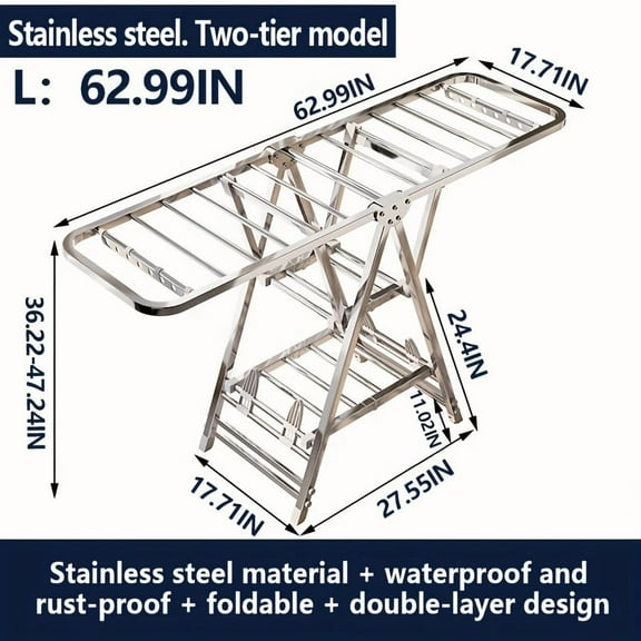 Stainless Steel Clothes Drying Rack - Heavy-Duty Foldable Dual-Wing Design, Adjustable Height Freestanding Laundry Organizer for Indoor Outdoor Use in Apartment Dorm Balcony