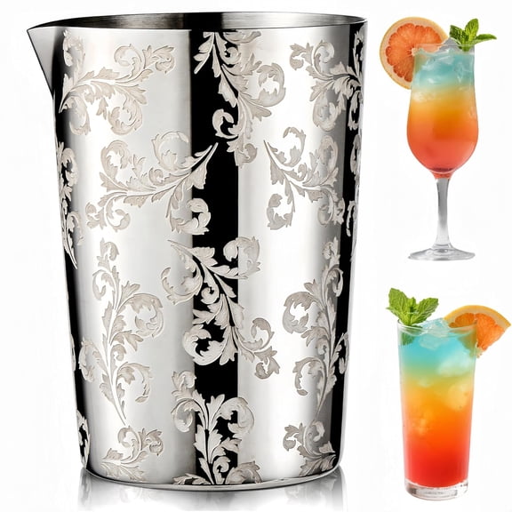 Stainless Steel Cocktail Mixing Glass, 17oz(500ml) Unbreakable Martini Stirring Tin, Decorative Bar Mixing Pitcher with Floral Pattern, Whiskey Beaker Cup Shaker for Bartender, Home Bar Use