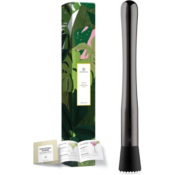 Stainless Steel Cocktail Muddler 10 Inch Black, Professional Mojito Muddlers with Textured Crushing Head & Non-Slip Base, Bar Tool with Recipe Guide & Gift Box for Home Bartenders