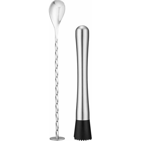Stainless Steel Cocktail Muddler & Mixing Spoon Set 10 Inch Bar Tool Kit for Home Bartenders, Ideal for Mojitos, Margaritas, Mint & Fruit Cocktails, Silver