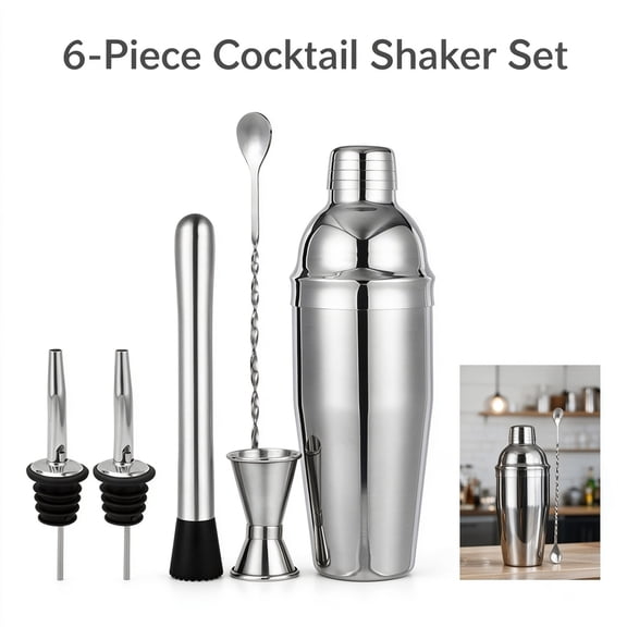 Stainless Steel Cocktail Shaker Set 6 Piece, 550ML Boston Martini Kit with Jigger Strainer for Home Bar Bartender Party Tools