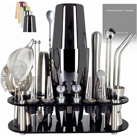 Stainless Steel Cocktail Shaker Set with 22 Bar Tools, 25oz and 20oz Boston Shakers, Recipe Booklet, and Stand