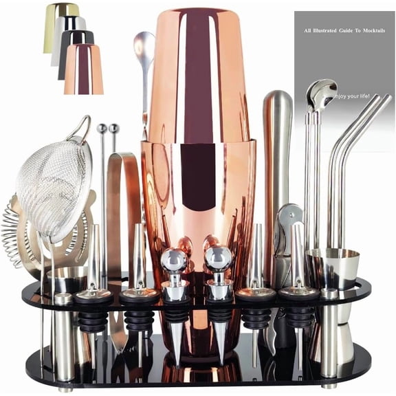 Stainless Steel Cocktail Shaker Set with 22 Bar Tools, 25oz and 20oz Boston Shakers, Recipe Booklet, and Stand