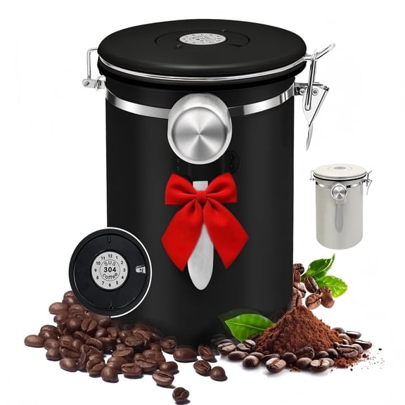 Stainless Steel Coffee Canister, 22oz Airtight Coffee Bean Storage Grounds Container with Date Tracker & Measuring Scoop, Espresso Airtight Canister, Kitchen Food Canister for Cereal, Sugar, Tea
