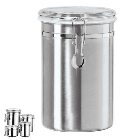 Stainless Steel Coffee Canister 67 fl oz - Airtight Clamp Lid, Clear See-Thru Top - Ideal for Coffee Bean Storage, Ground Coffee Storage, Kitchen Storage, Pantry Storage. Large Size 5" x 7".