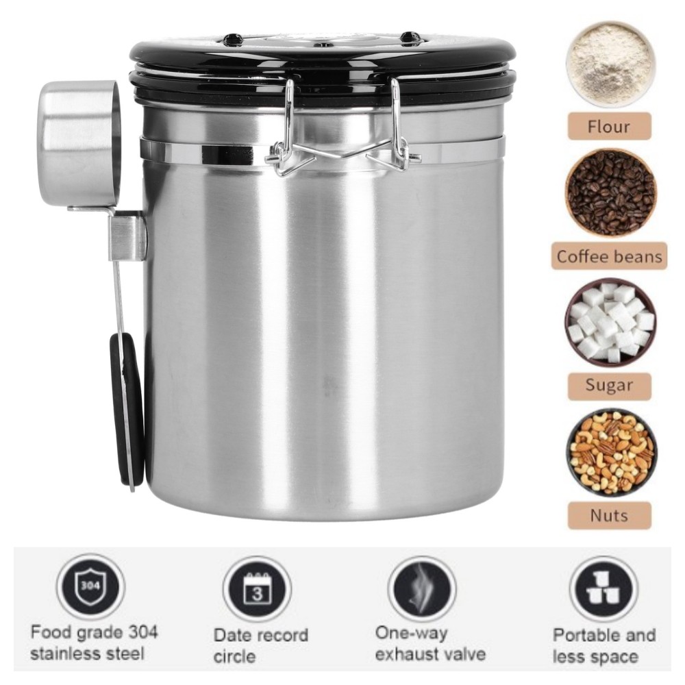 Stainless Steel Coffee Canister with Scoop 1.5L Airtight Coffee Bean