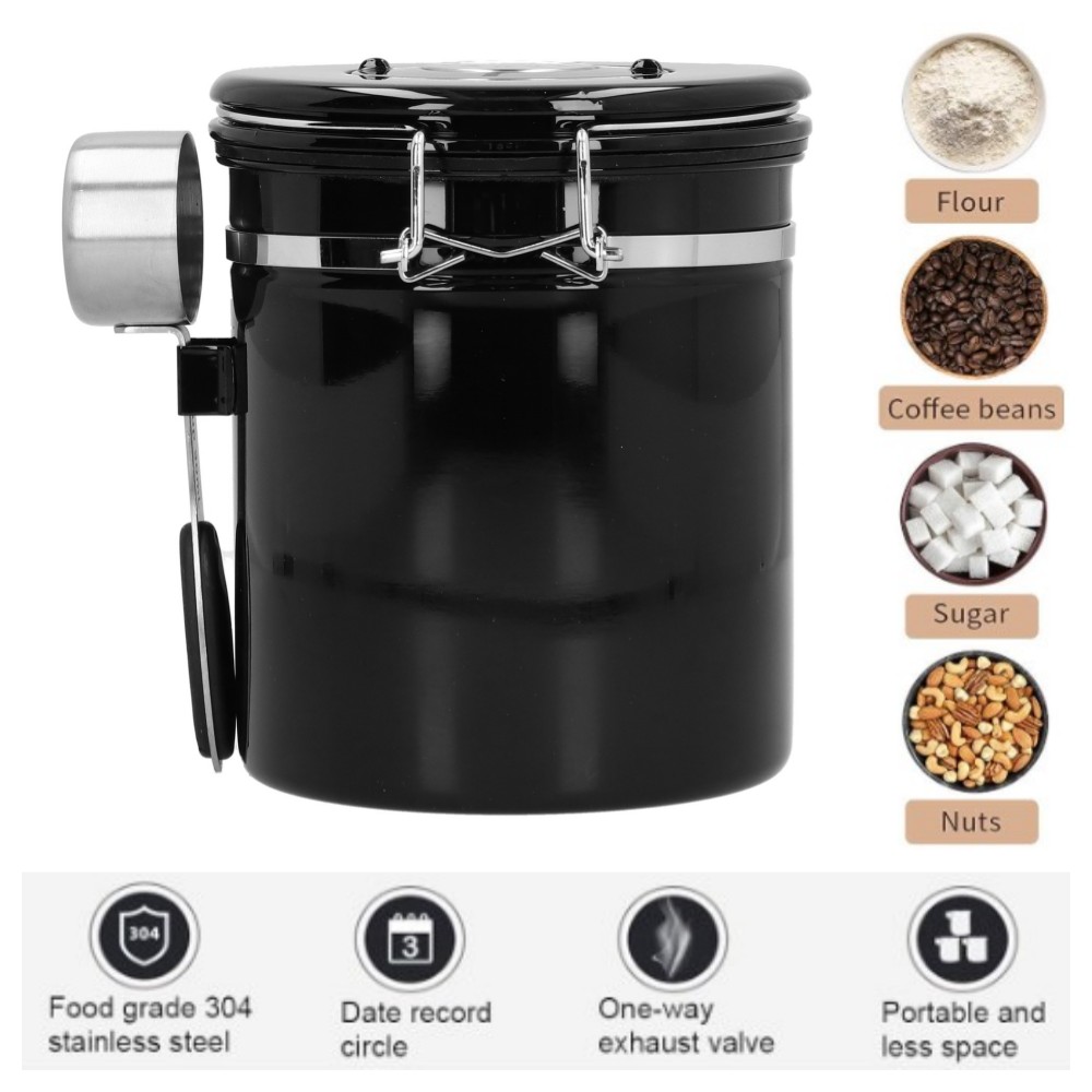 Stainless Steel Coffee Canister with Scoop 1.5L Airtight Coffee Bean