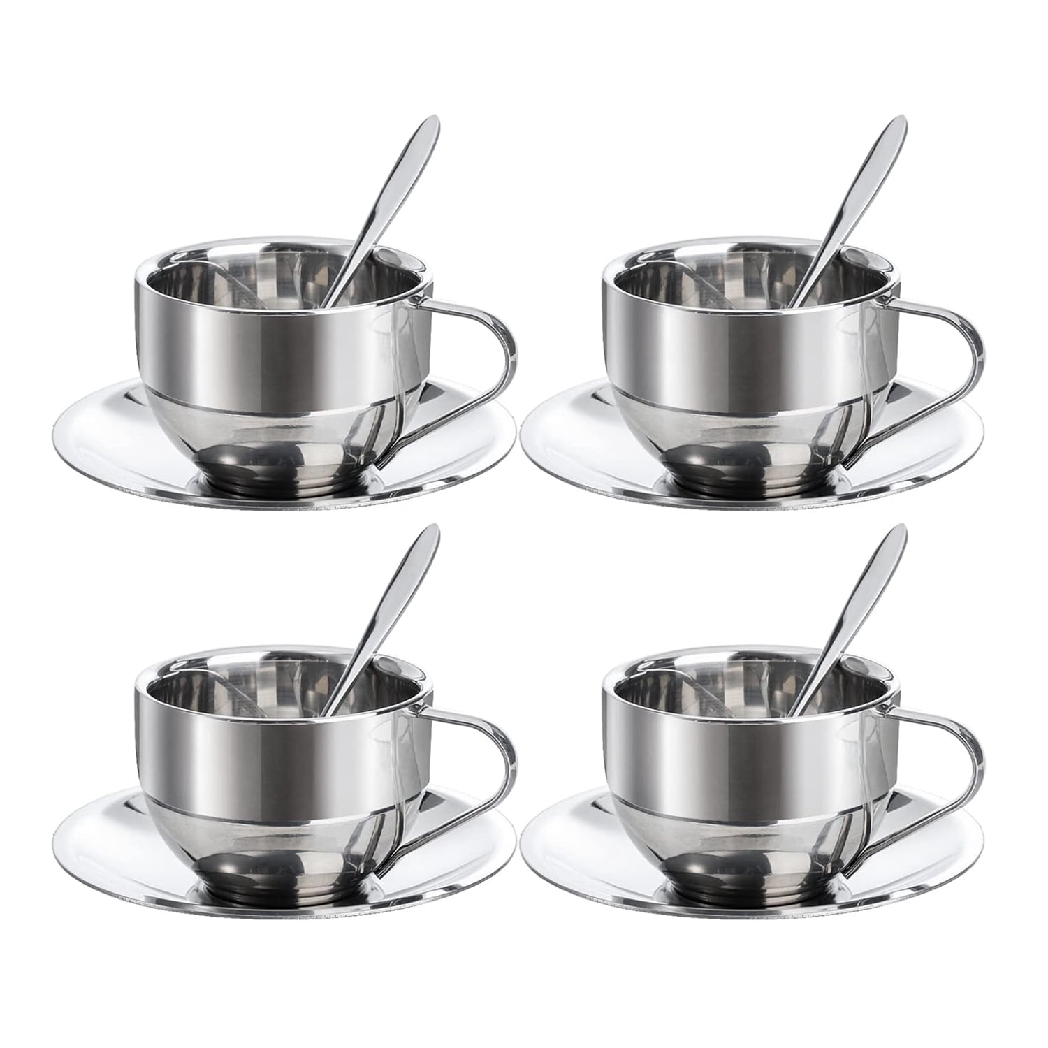 Jorunhe 125 mL/4.2 oz Silver Stainless Steel Double Walled Espresso Cup & Saucer Sets Set of 4