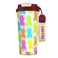 thumbnail image 1 of Stainless Steel Coffee Cup 7.7×2.6×3.5in Tapered Design Nylon Woven Wrist Strap Portable Durable Cup Bottom With Non-Slip Sticker Cancer Awareness Ribbon Pattern - Neon Vibrance, 1 of 7