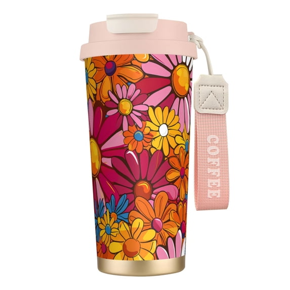 Stainless Steel Coffee Cup 7.7×2.6×3.5in Tapered Design Nylon Woven Wrist Strap Portable Durable Cup Bottom With Non-Slip Sticker Colorful Floral Pattern Groovy Flowers (3)
