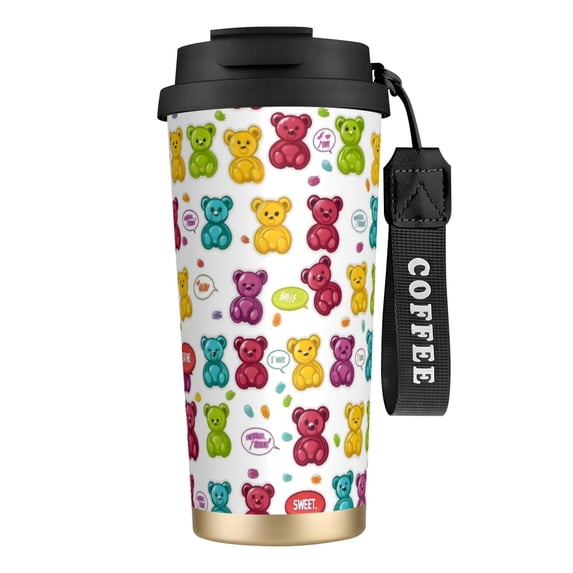 Stainless Steel Coffee Cup 7.7×2.6×3.5in Tapered Design Nylon Woven Wrist Strap Portable Durable Cup Bottom With Non-Slip Sticker Colorful Gummy Bears Candies Jelly Sweets