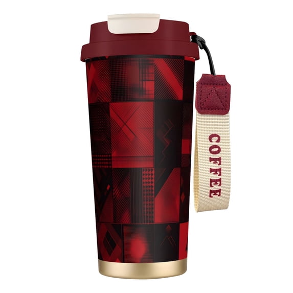 Stainless Steel Coffee Cup 7.7×2.6×3.5in Tapered Design Nylon Woven Wrist Strap Portable Durable Cup Bottom With Non-Slip Sticker Darkred Geometric Patterns_2