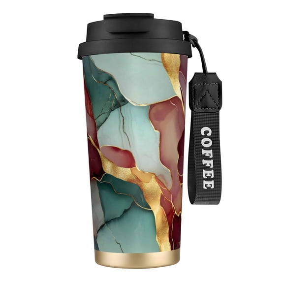 Stainless Steel Coffee Cup 7.7×2.6×3.5in Tapered Design Nylon Woven Wrist Strap Portable Durable Cup Bottom With Non-Slip Sticker Deep Reddish-Brown Green Golden Marble