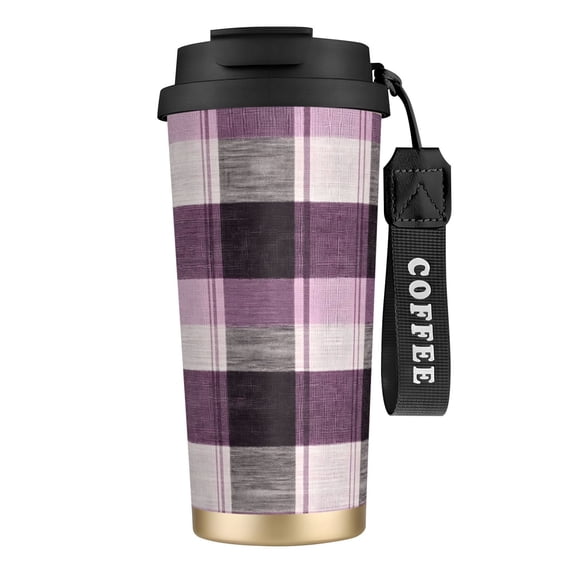 Stainless Steel Coffee Cup 7.7×2.6×3.5in Tapered Design Nylon Woven Wrist Strap Portable Durable Cup Bottom With Non-Slip Sticker Lavenderblush Buffalo Plaid Check Tartan Scotland_3