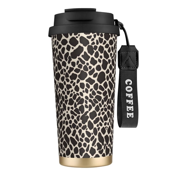 Stainless Steel Coffee Cup 7.7×2.6×3.5in Tapered Design Nylon Woven Wrist Strap Portable Durable Cup Bottom With Non-Slip Sticker Leopard Print Pattern White And Black_4