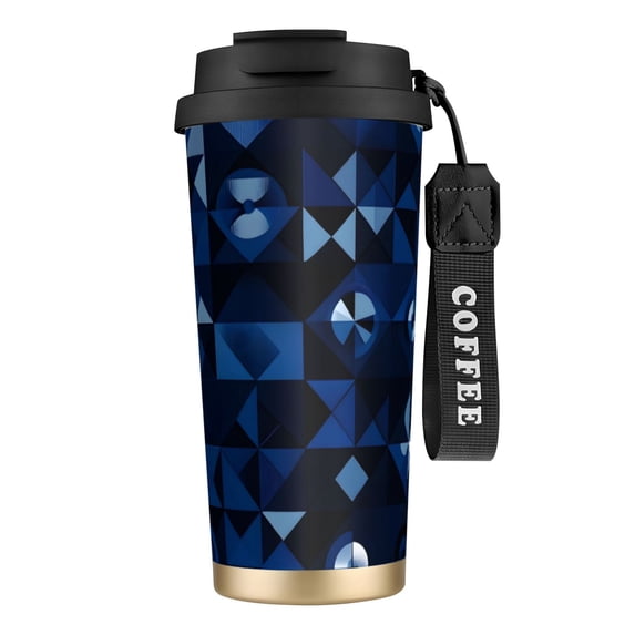 Stainless Steel Coffee Cup 7.7×2.6×3.5in Tapered Design Nylon Woven Wrist Strap Portable Durable Cup Bottom With Non-Slip Sticker Midnightblue Geometric Patterns_2