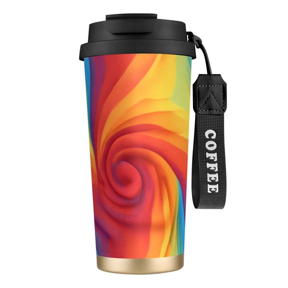 Stainless Steel Coffee Cup 7.7×2.6×3.5in Tapered Design Nylon Woven Wrist Strap Portable Durable Cup Bottom With Non-Slip Sticker Red Tie Dye Background Rainbow Colors (2)