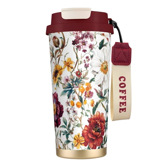 Stainless Steel Coffee Cup 7.7×2.6×3.5in Tapered Design Nylon Woven Wrist Strap Portable Durable Cup Bottom With Non-Slip Sticker Flowers