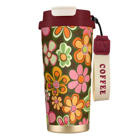 Stainless Steel Coffee Cup 7.7×2.6×3.5in Tapered Design Nylon Woven Wrist Strap Portable Durable Cup Bottom With Non-Slip Sticker Groovy Flowers (23)