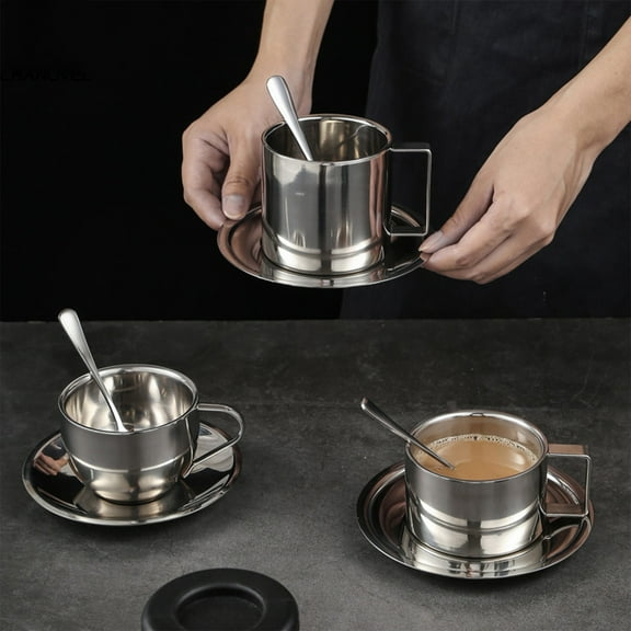 Stainless Steel Coffee Cup Set 304 European Style | Double Layer Insulated Water Cup Silver | Durable Office Reception Business Gift | 13.6x8x7.8cm Premium Design | Spoon Included