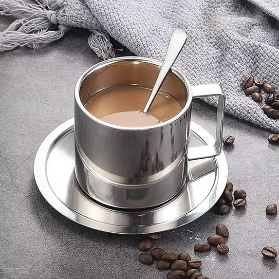 Stainless Steel Coffee Cup Set Double Wall Insulated 304 European Style Office Travel Mug with Spoon Business Gift for Reception Tea Hot Cold Drinks