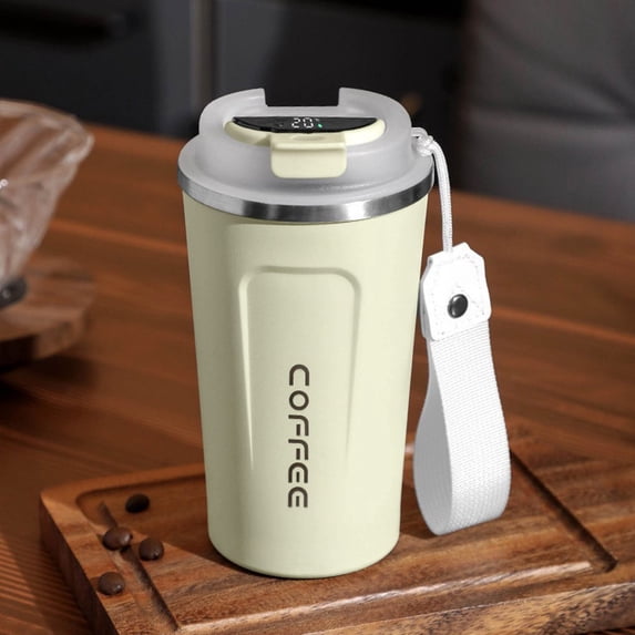 Stainless Steel Coffee Cup with Temperature Display | 510Ml Insulated Travel Mug | Portable Car Mug with Handle & Lifting Rope | Hot & Cold Beverage Cup