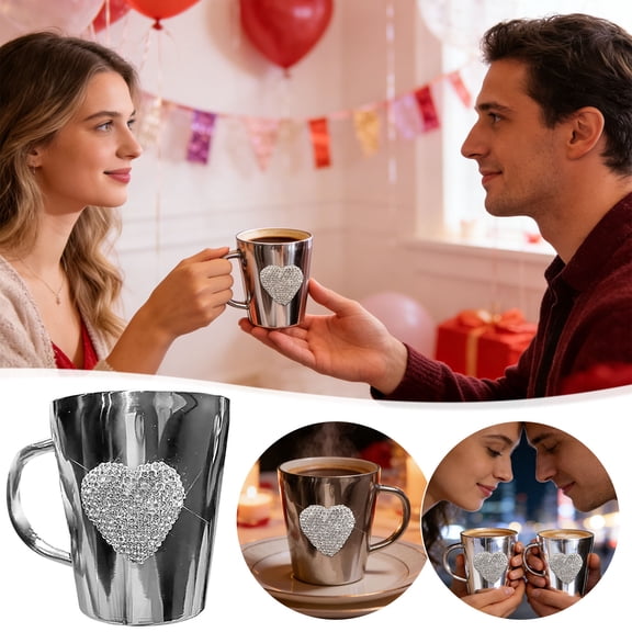 Stainless Steel Coffee Mug | 12oz Diamond Heart Crystal Studded | Insulated Design | Rust-Proof, Dishwasher | Ergonomic Handle | Romantic Gift Box | Hot or Cold Drinks