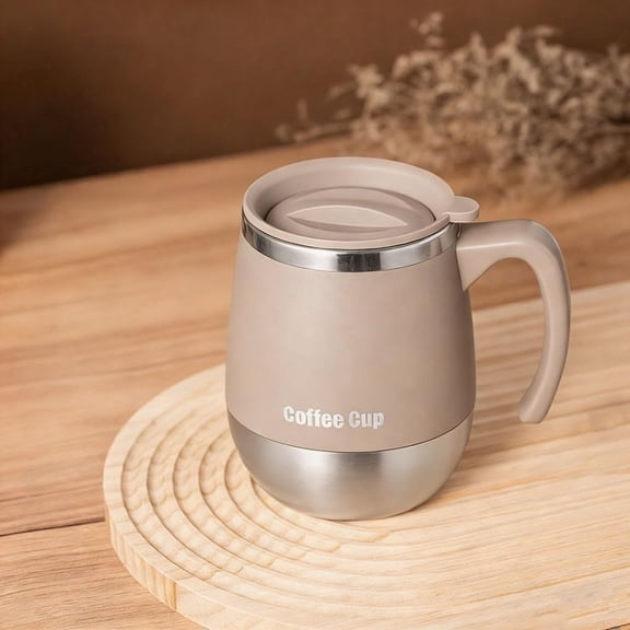 Stainless Steel Coffee Mug 16.91 Oz Double-Layer Insulated with Lid Non-Slip Shatterproof Design with Handle for Home Camping Holiday Gift, Khaki