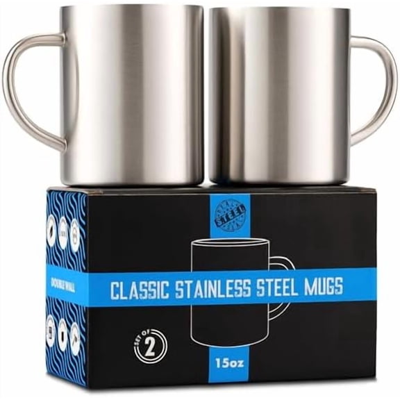 Stainless Steel Coffee Mugs 15 oz Double Wall Stainless Steel Mugs with Handle, Metal Coffee Cups for Tea, Insulated Mug Set of 2 BPA Free, Durable, Unbreakable Metal Coffee Mugs for Camping$$
