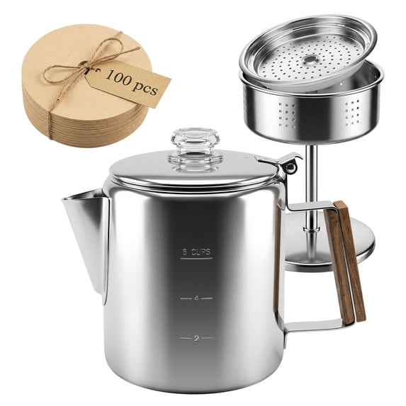 Stainless Steel Coffee Percolator 33.8 oz Stovetop Coffee Pot with 100 Filter Paper for Camping Travel Heat Resistant Stovetop Coffee Maker Percolator for Campfire or Gas Stove