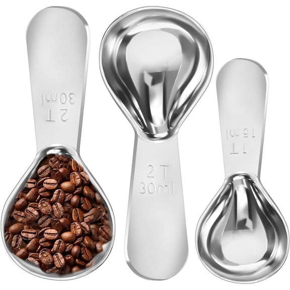 Stainless Steel Coffee Scoop Set - 3 Pc Measuring Spoons (2Tbsp & 1 Tbsp Scoop) for Ground Coffee, Tea, Sugar Or Flour, Short Handles