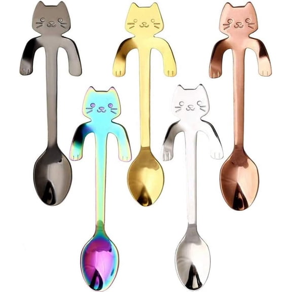 A Stainless Steel Coffee Spoon, 5 Piece Cat Teaspoon, Mini Kitten Design Mixing Spoon for Water Tea Milk Coffee Soup Sugar Dessert Appetizer Spice Drink Milkshake (5 Colors)