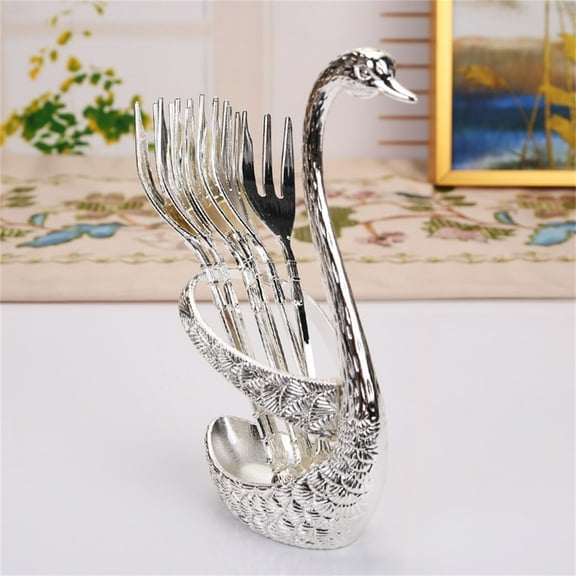 Stainless Steel Coffee Spoon & Fruit Fork Set with Swan-Shaped Display Rack | 6-Piece Dessert Barware for Home Cafe or Restaurant Table Setting