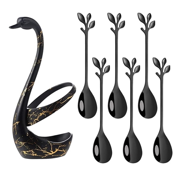 Stainless Steel Coffee Spoon Set, Decorative Swan Base Holder with 6Pcs Leaf Spoons, Swan Spoon Fork Holder, Decorative Teaspoon Set for Home Kitchen, Coffee Station, Dessert Serving Gifting