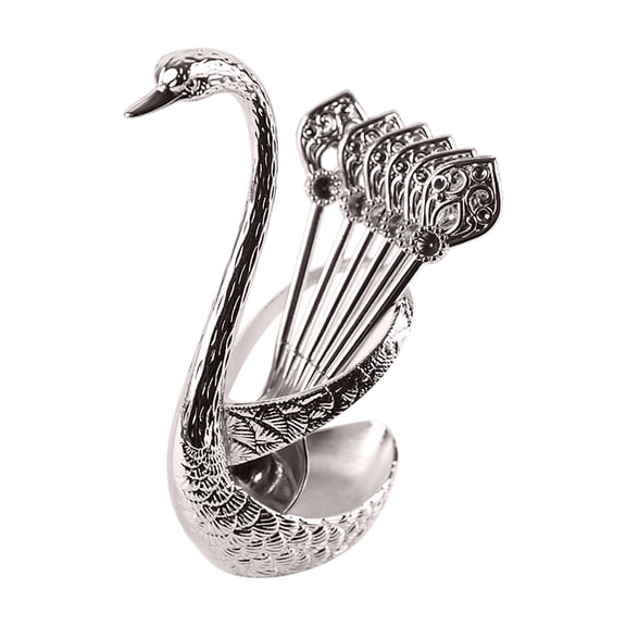 Stainless Steel Coffee Spoon Set, Decorative Swan Base Holders with 6pcs Coffee Spoon Set ,Dessert Spoon,Household Tableware(silvery)