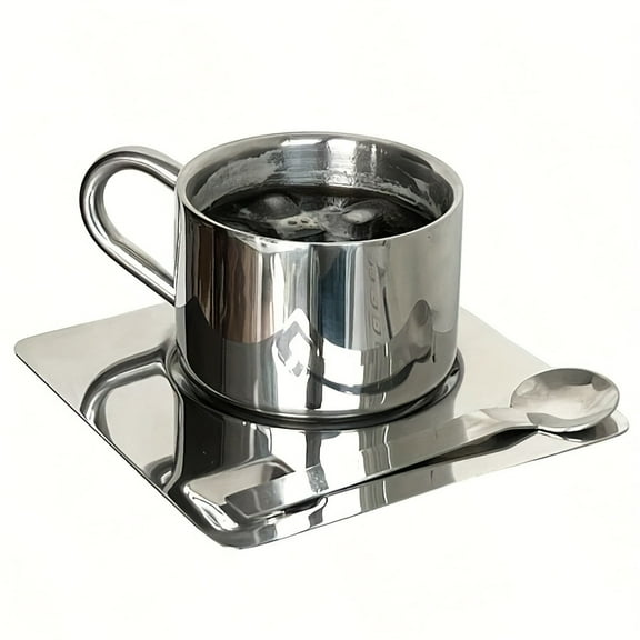 Stainless Steel Coffee & Tea Cup with Saucer Spoon - Double Wall Insulated for Hot & Cold Drinks, Perfect for Cappuccino, Latte, and Milk, Durable Metal Design, Coffee Cup