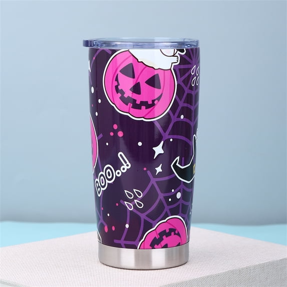 Stainless Steel Coffee Tumbler, Halloween Gifts, Hot Coffee Travel Mug, Travel Mugs Insulated for Hot and Cold, Reusable Double-Wall Insulated Cup with Clear Lid, Fun Pink