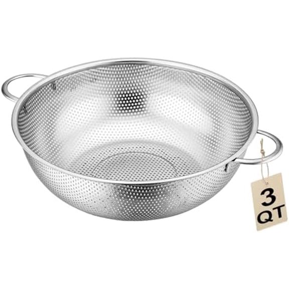 Stainless Steel Colander, 3-Quart Micro-Perforated Metal Colander Strainer with Handle for Kitchen/Draining Pasta/Rinsing Vegetables Fruits,Dishwasher Safe - 8.8 Inches