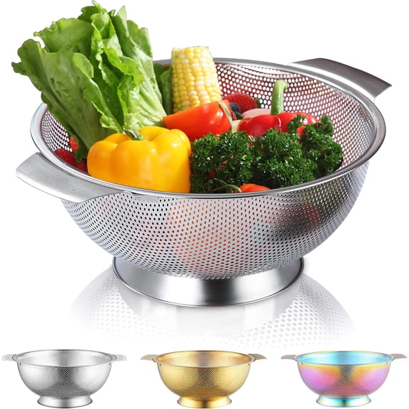 Stainless Steel Colander 5 Quart, Professional Strainer with Heavy Duty Handles and Self Draining Solid Ring Base for Pasta, Spaghetti, Berry, Veggies, Fruits, Noodles, Salads Dishwasher Safe